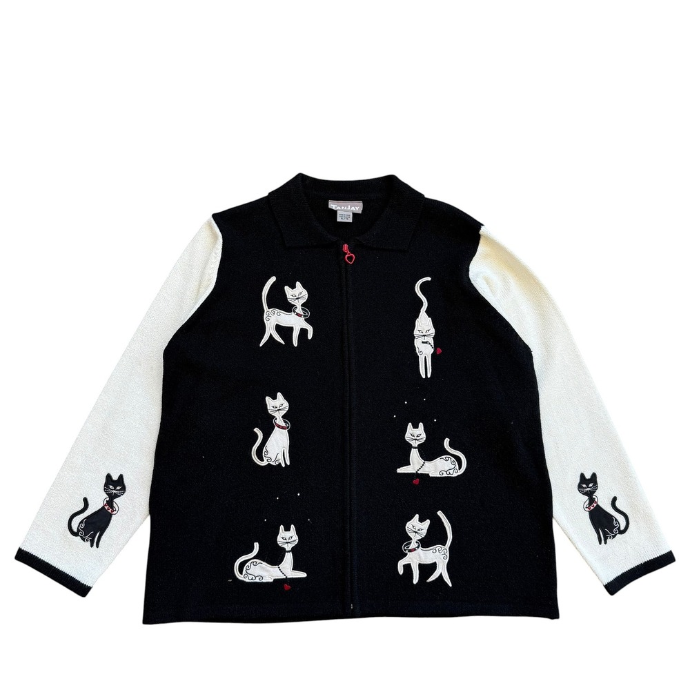 Tanjay Womens Cat Motif Zip Front Cardigan Sweater Black White‎ XL